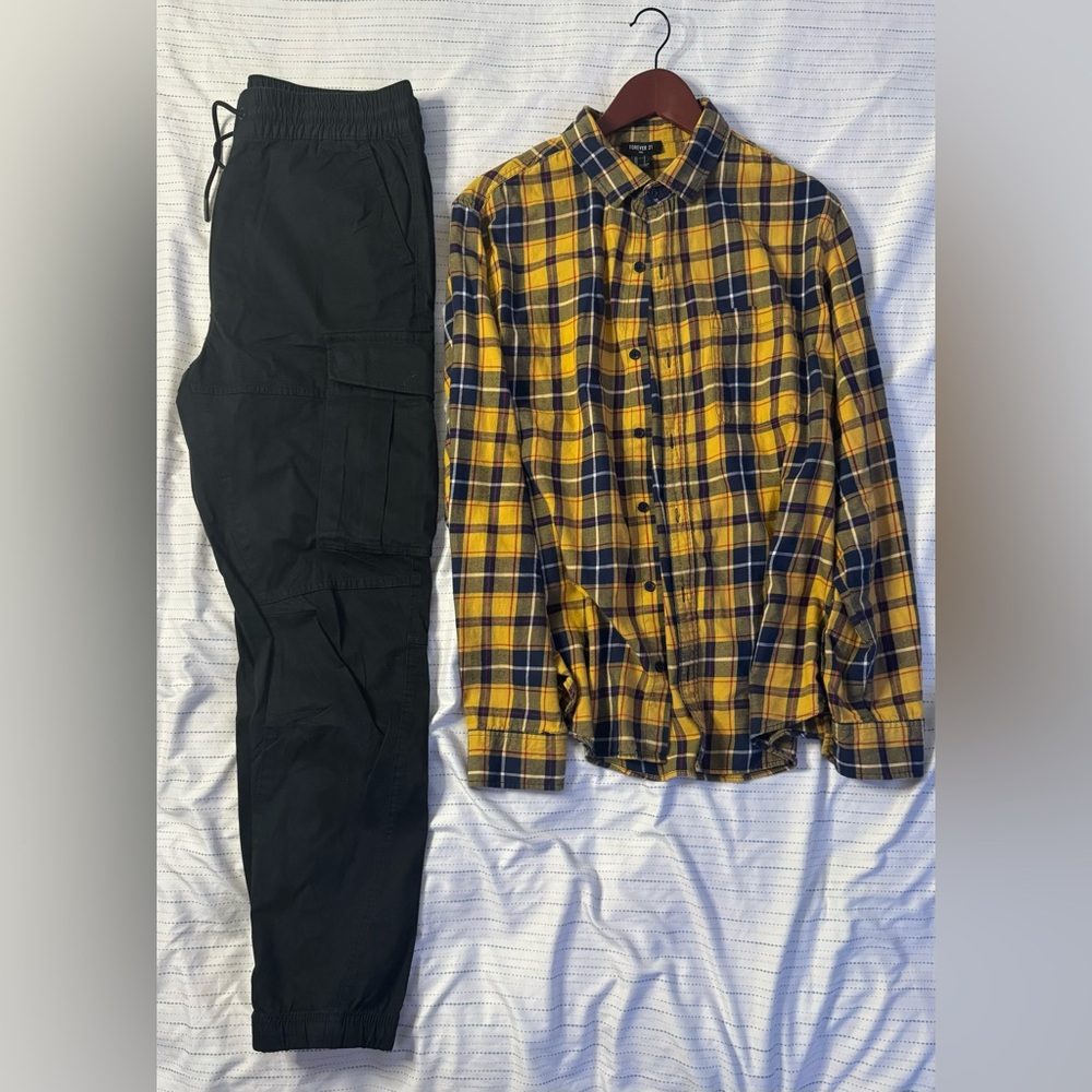 Men's Yellow Plaid Shirt and Black Cargo Pants Set